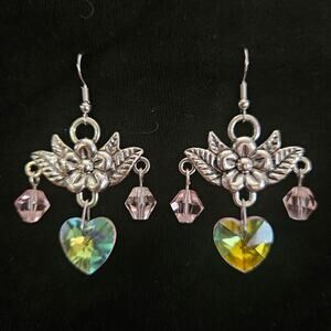 Antique silver flower and pink glass crystal chandelier earrings